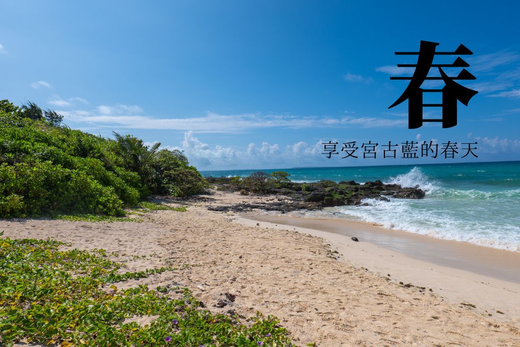 宮古島春天海灘 — 白沙、宮古藍海水與盛開的綠意