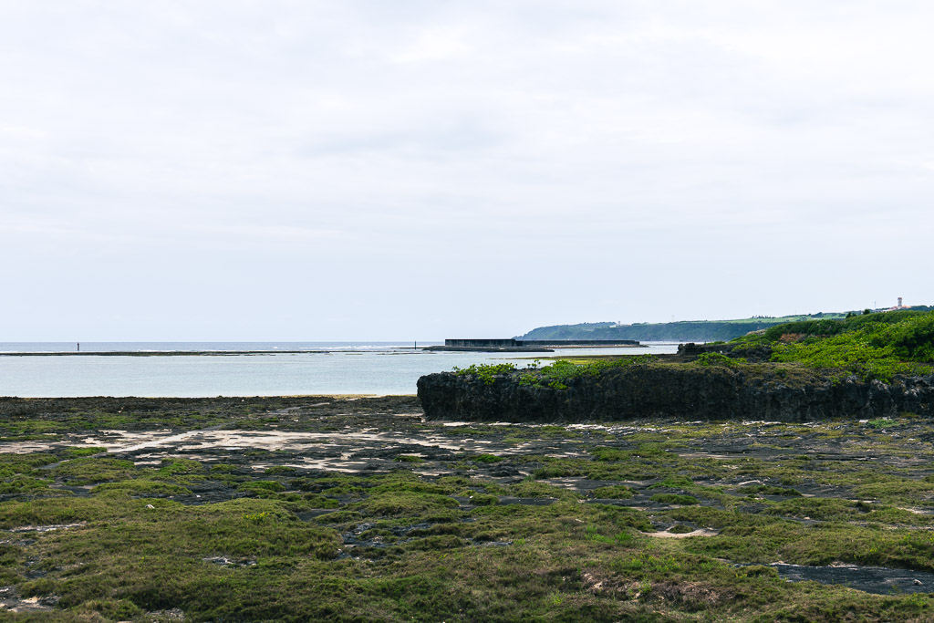 奧武島珊瑚礁海景 — 退潮時露出的岩石礁與遠處本島海岸線