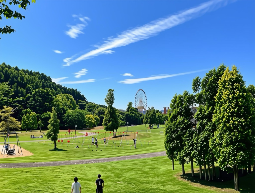 岩見沢市的公園（白天明亮版本） — 七月晴天的玫瑰園與家庭親子景點