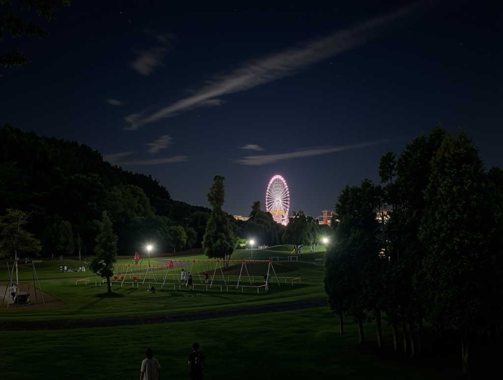 夜晚點燈的岩見澤公園摩天輪 — 9月夏末夜空與草坪