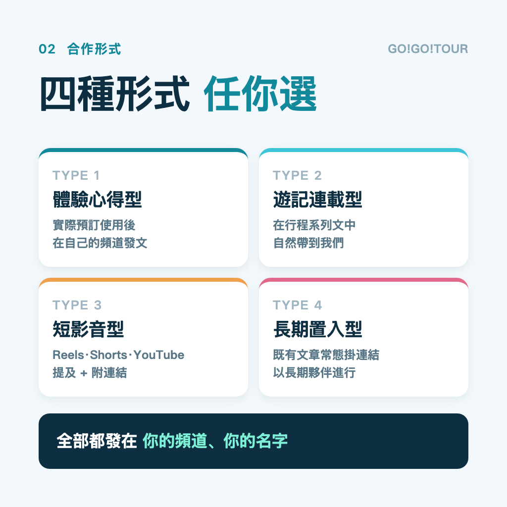 GO!GO!TOUR 部落客合作四種形式 體驗心得型 遊記連載型 短影音型 長期置入型
