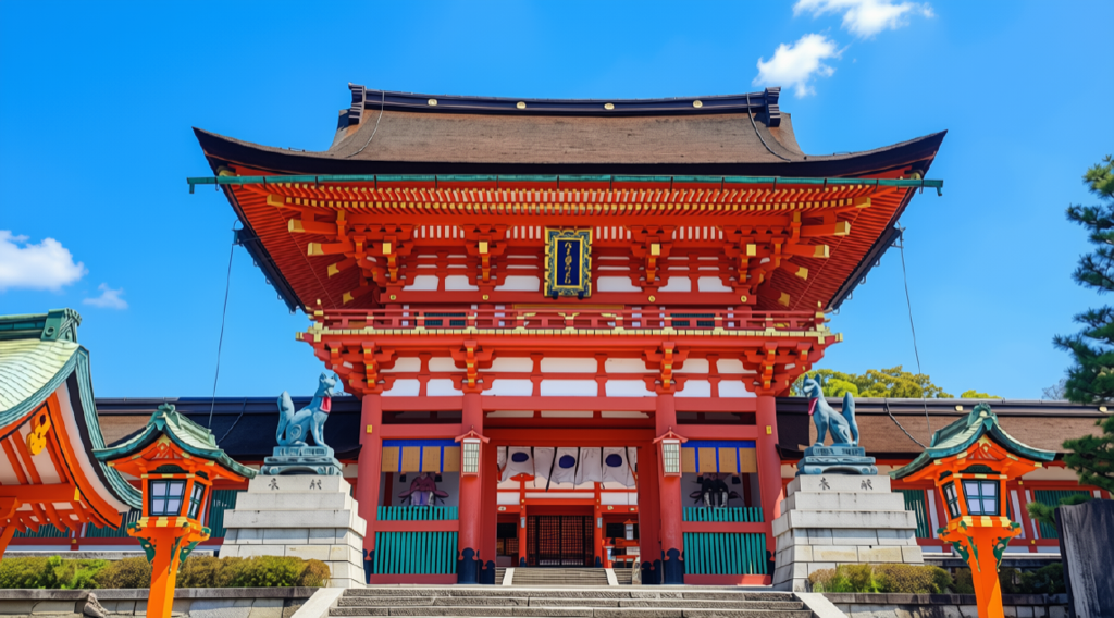 伏見稻荷大社正面朱紅色楼門與本殿建築 世界遺產級的日本神社伽藍