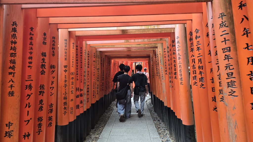 伏見稻荷大社千本鳥居隧道 朱紅色木造鳥居連綿的參道與參拜者的背影