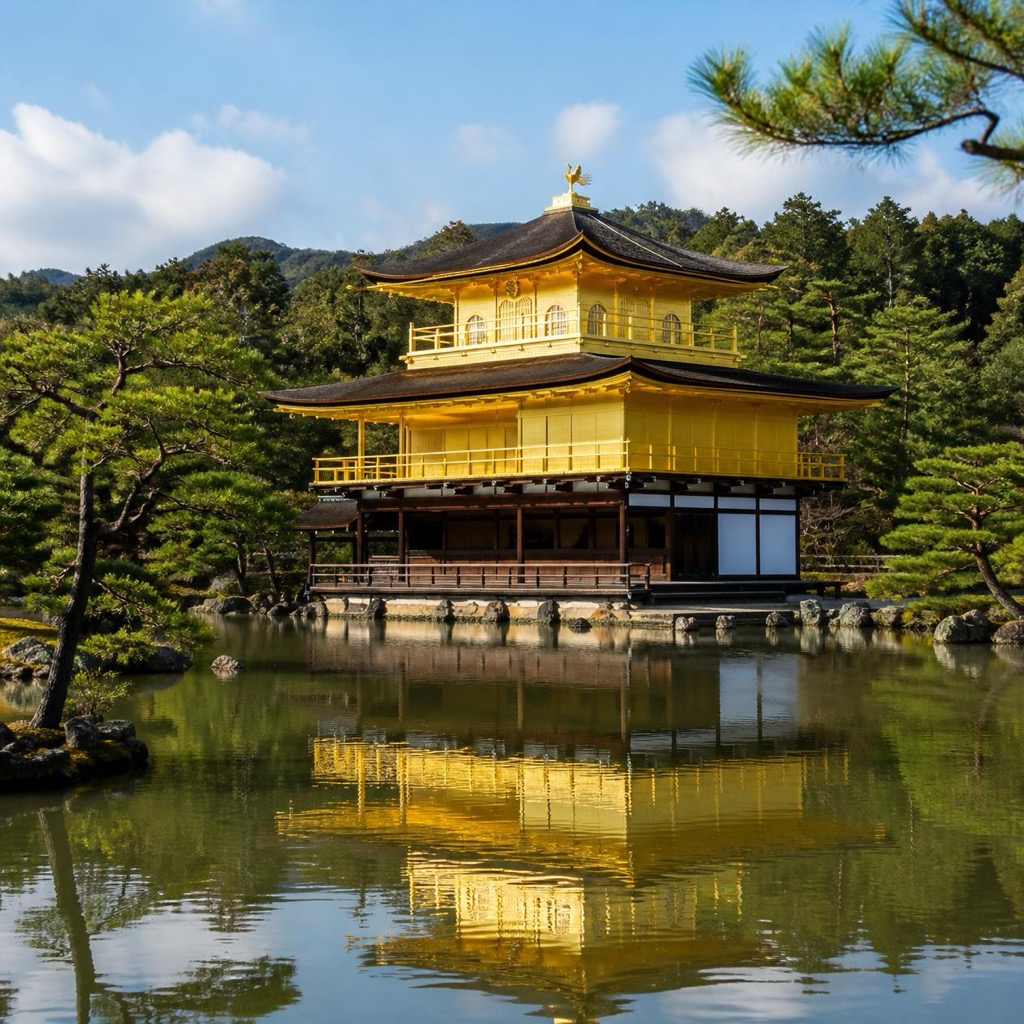 金閣寺舍利殿正面近拍 金箔與黑漆對比的細節與松樹前景