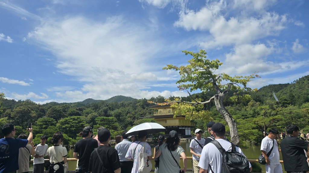 金閣寺正面觀景點的實際參觀人潮 撐傘的觀光客們仰望舍利殿的實景