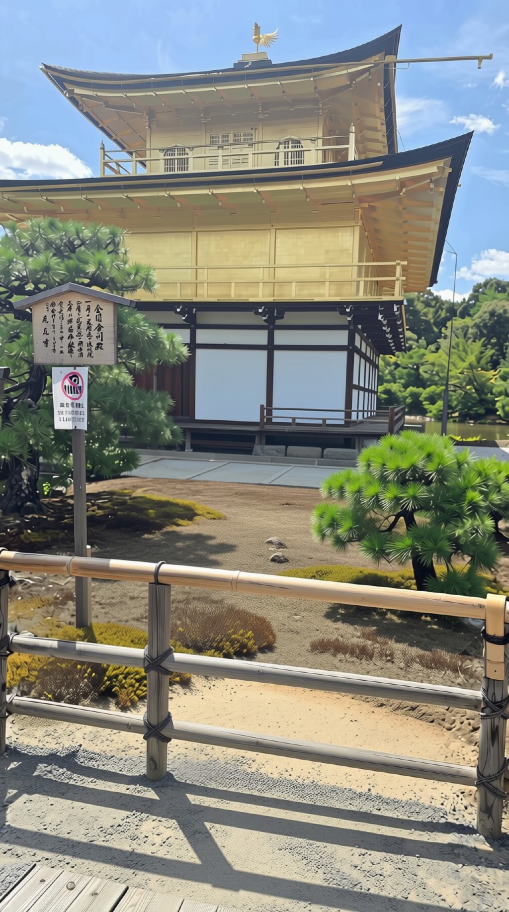 金閣寺舍利殿信息告示牌與松樹前景的獨特縱幅視角
