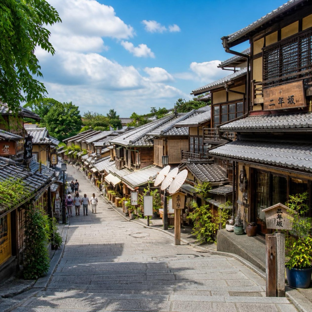 二年坂招牌高掛於町家石板路 和傘裝飾在夏日藍天下的京都街景