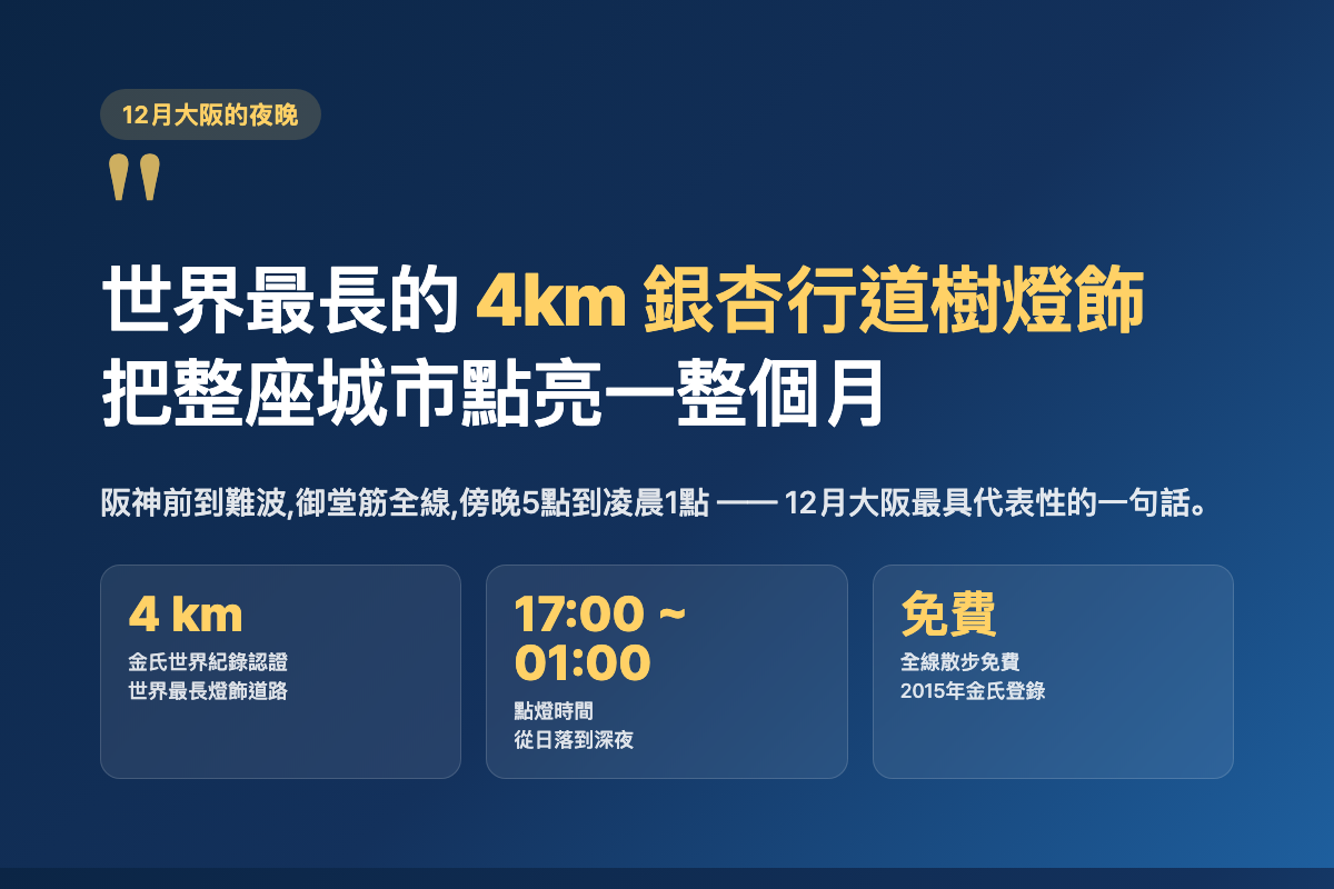 世界最長4km御堂筋燈飾 —— 12月大阪夜晚的代表性風景