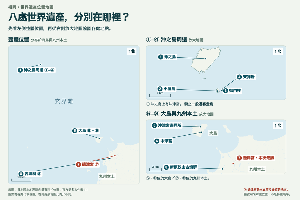 宗像世界遺產八處地點的實際位置與放大地圖