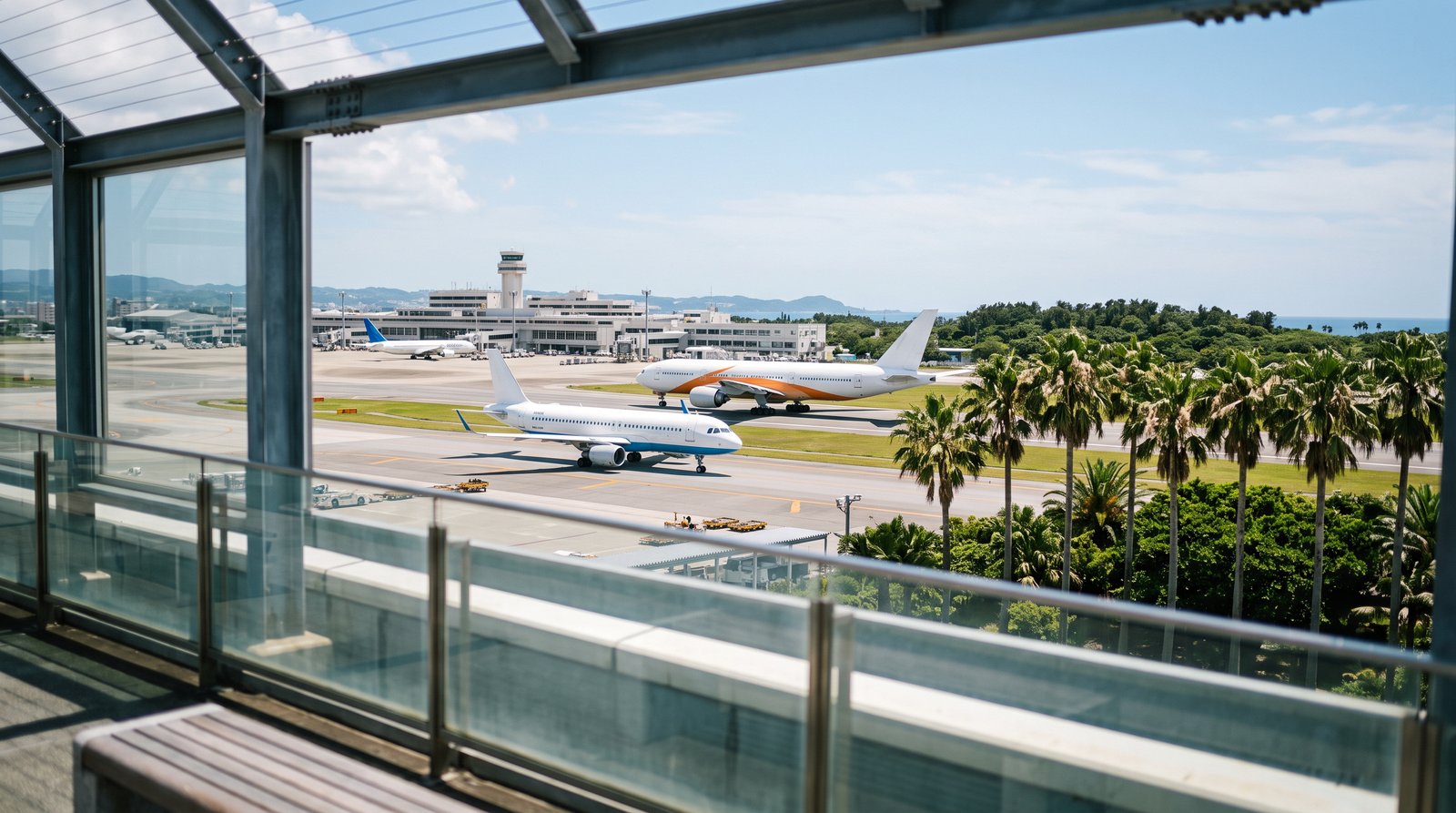 那霸機場觀景台眺望停機坪，棕櫚樹與藍天環繞的沖繩機場景色