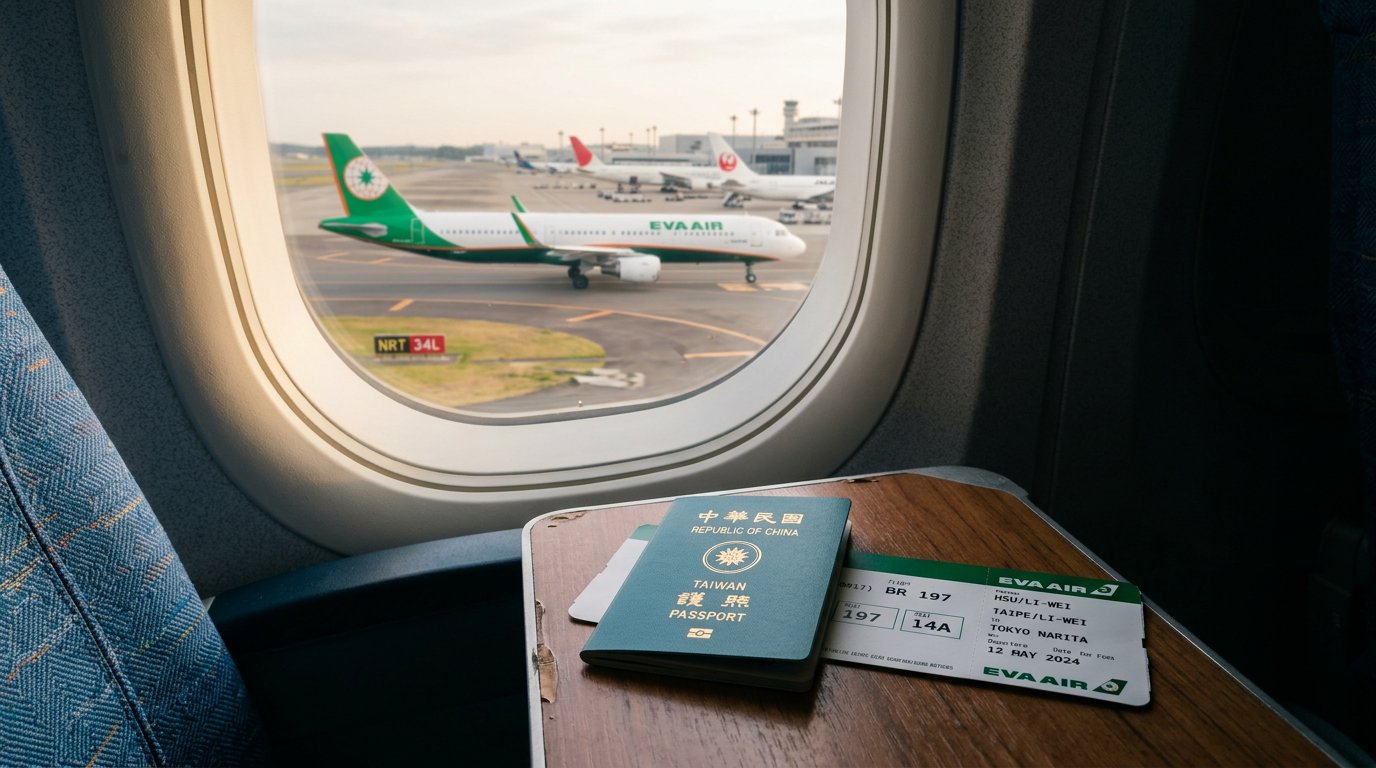 從機艙窗戶看見成田機場停機坪上的長榮航空客機，桌上放著台灣護照與登機證