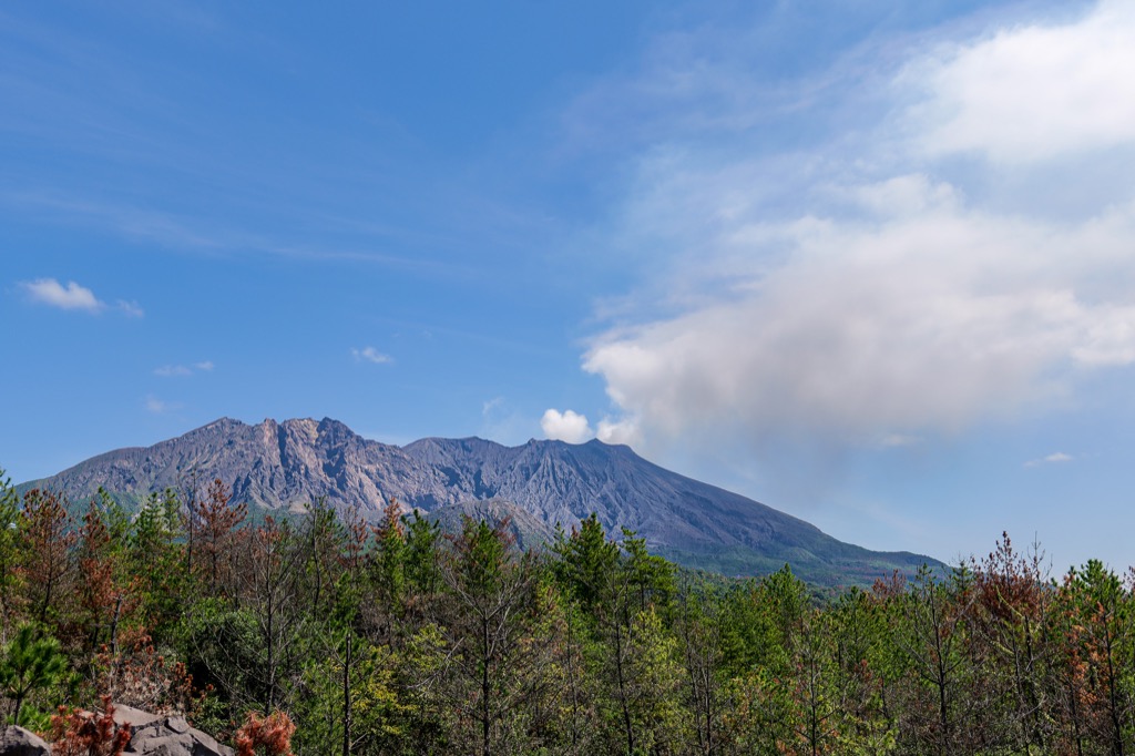 晴空下山頂冒出煙霧的櫻島
