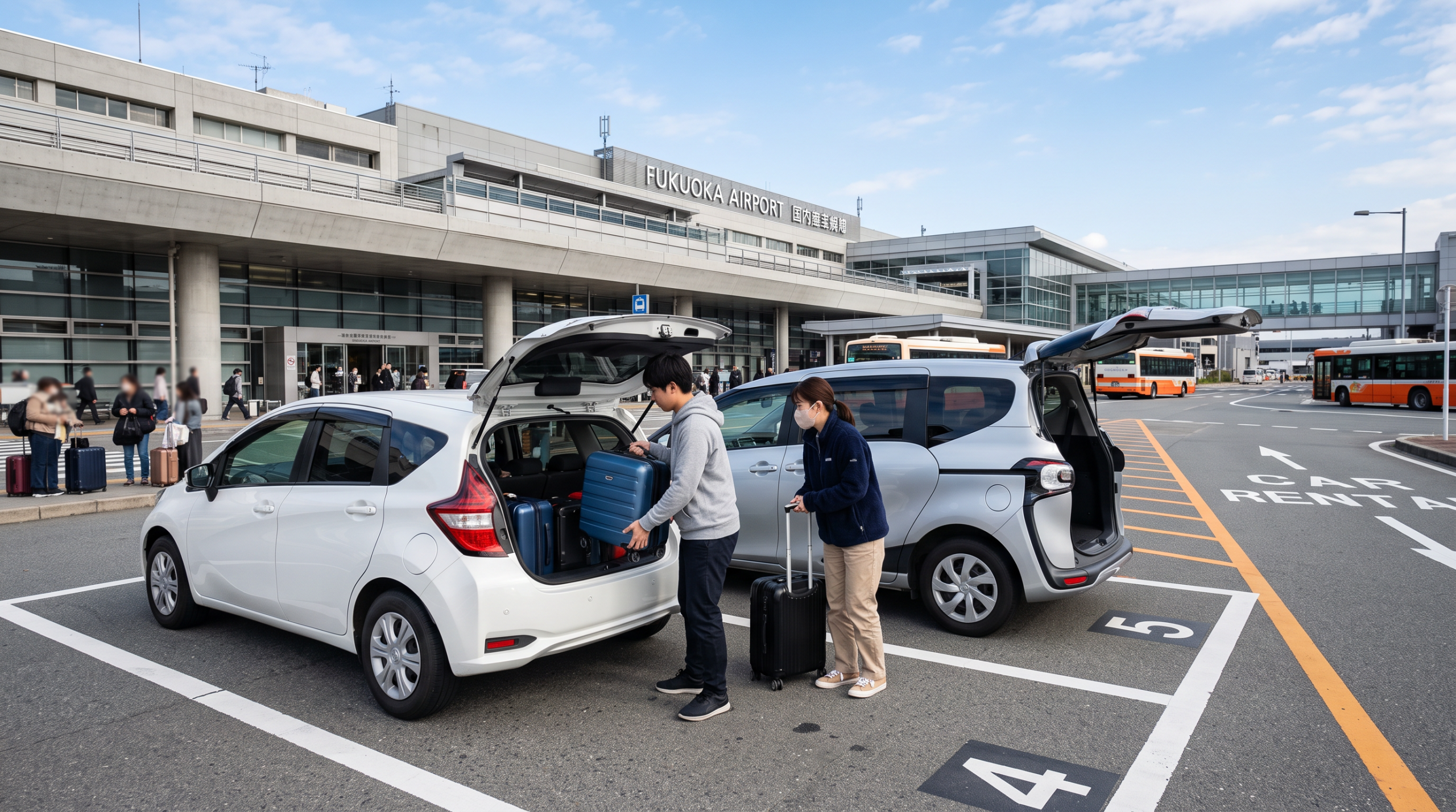 福岡機場租車取車區旅客把行李放上緊湊房車與 SIENTA 的畫面