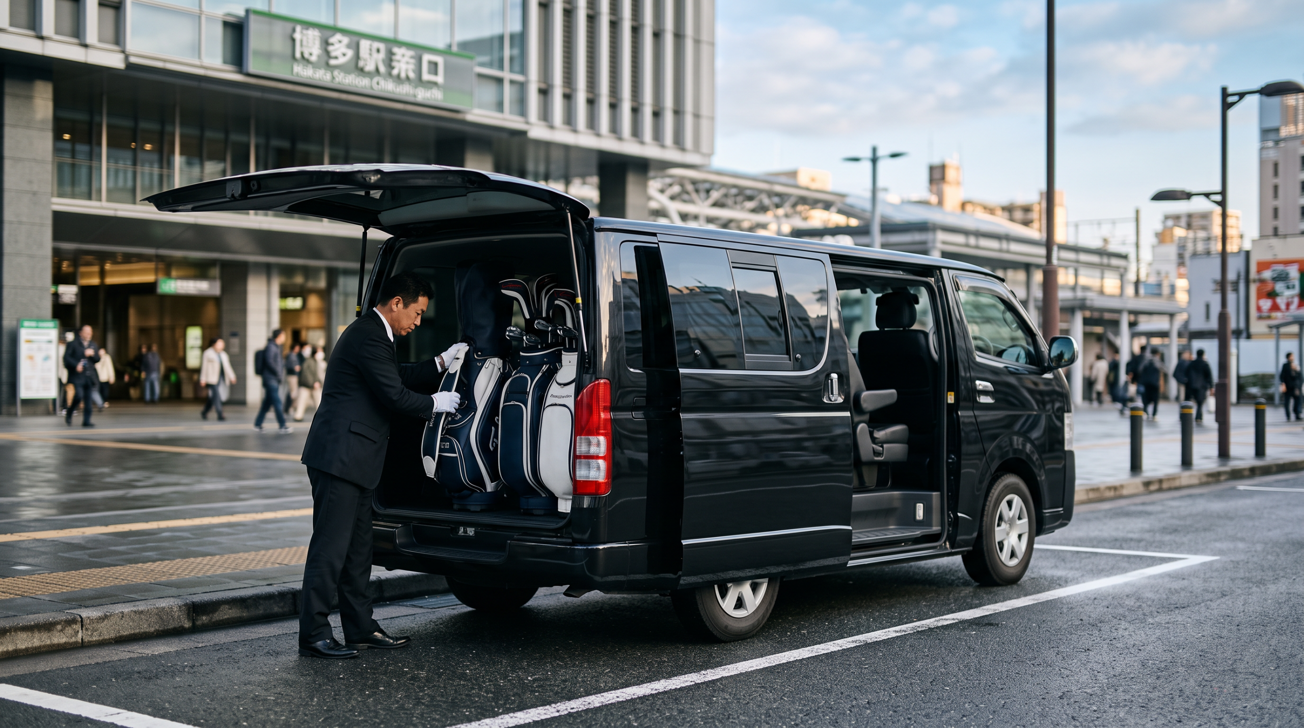 博多站筑紫口正裝司機將高爾夫球袋放入 HIACE 後車廂