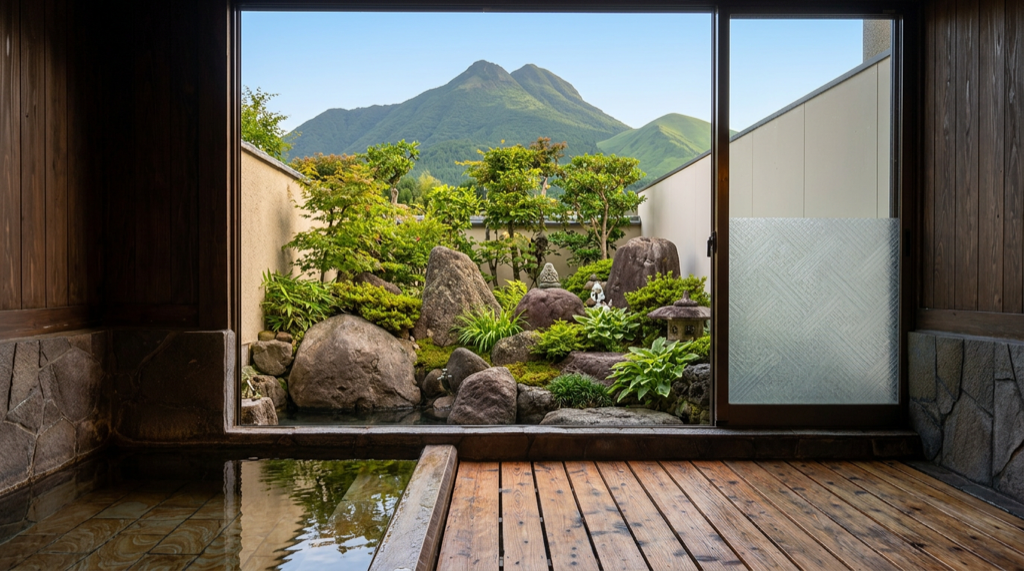 由布院旅館露天風呂眺望由布岳的清晨 — 大分是「日本第一溫泉縣」