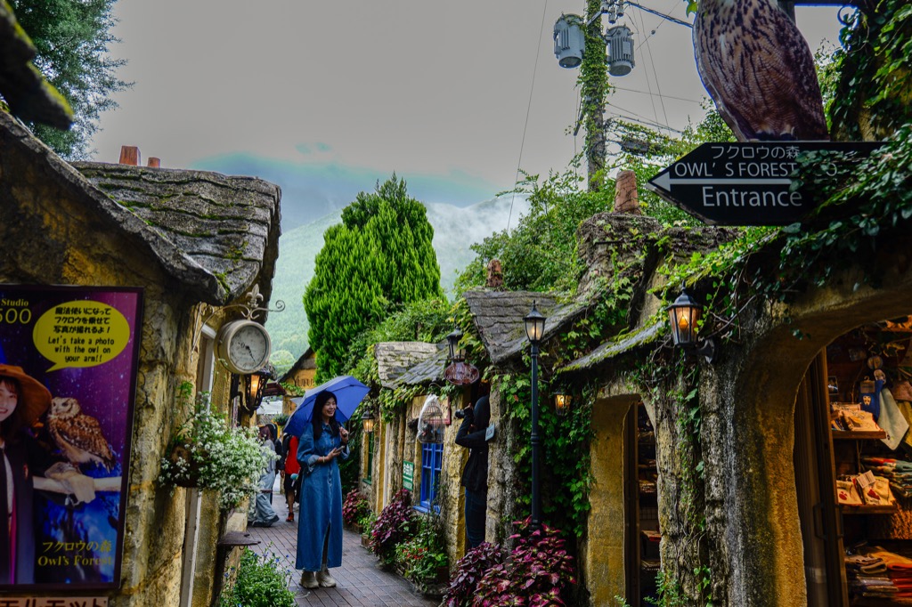 湯布院花卉村街景 — 英式茅草屋頂與可愛招牌