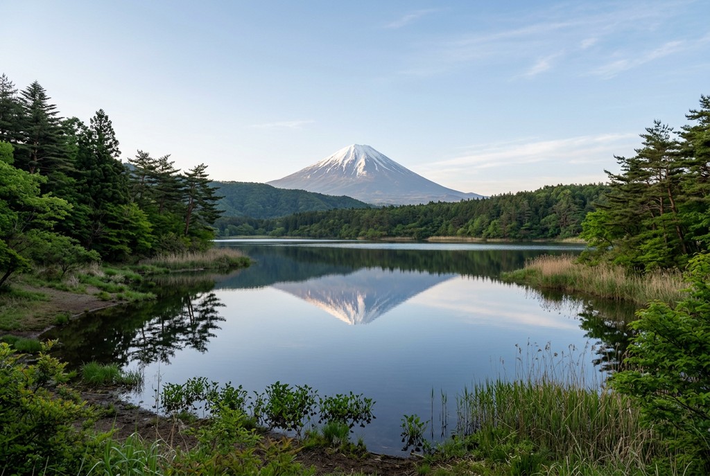 以田貫湖為靈感的湖面富士山倒影示意圖