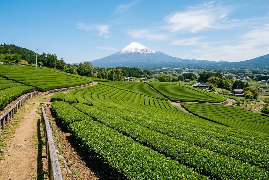 以大淵笹場為靈感的茶園與富士山示意圖