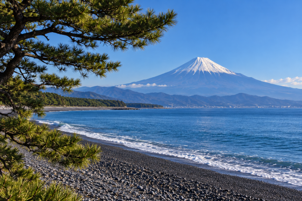 以三保松原海岸與遠方富士山為靈感的風景示意圖